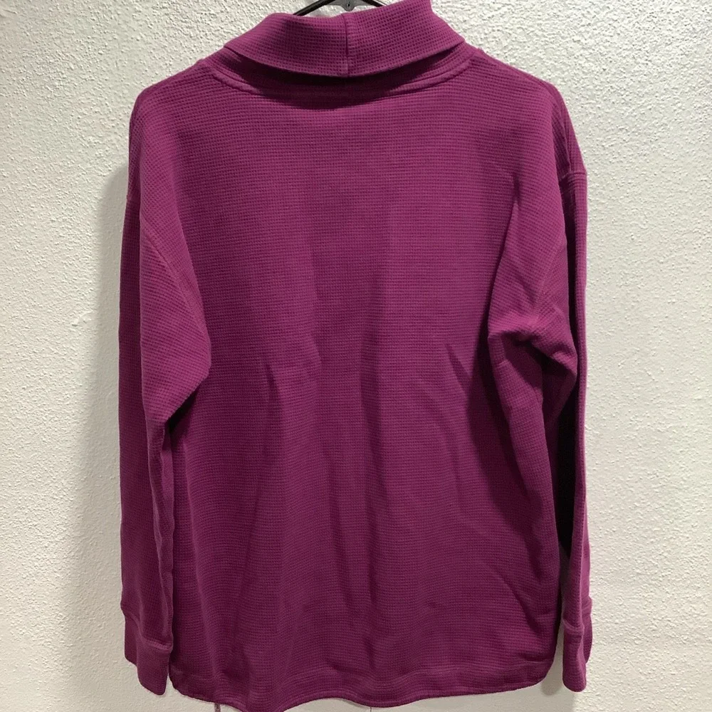 Lands' End Womens Turtleneck Top Medium Fuchsia Cotton Waffle Knit Stretch Basic